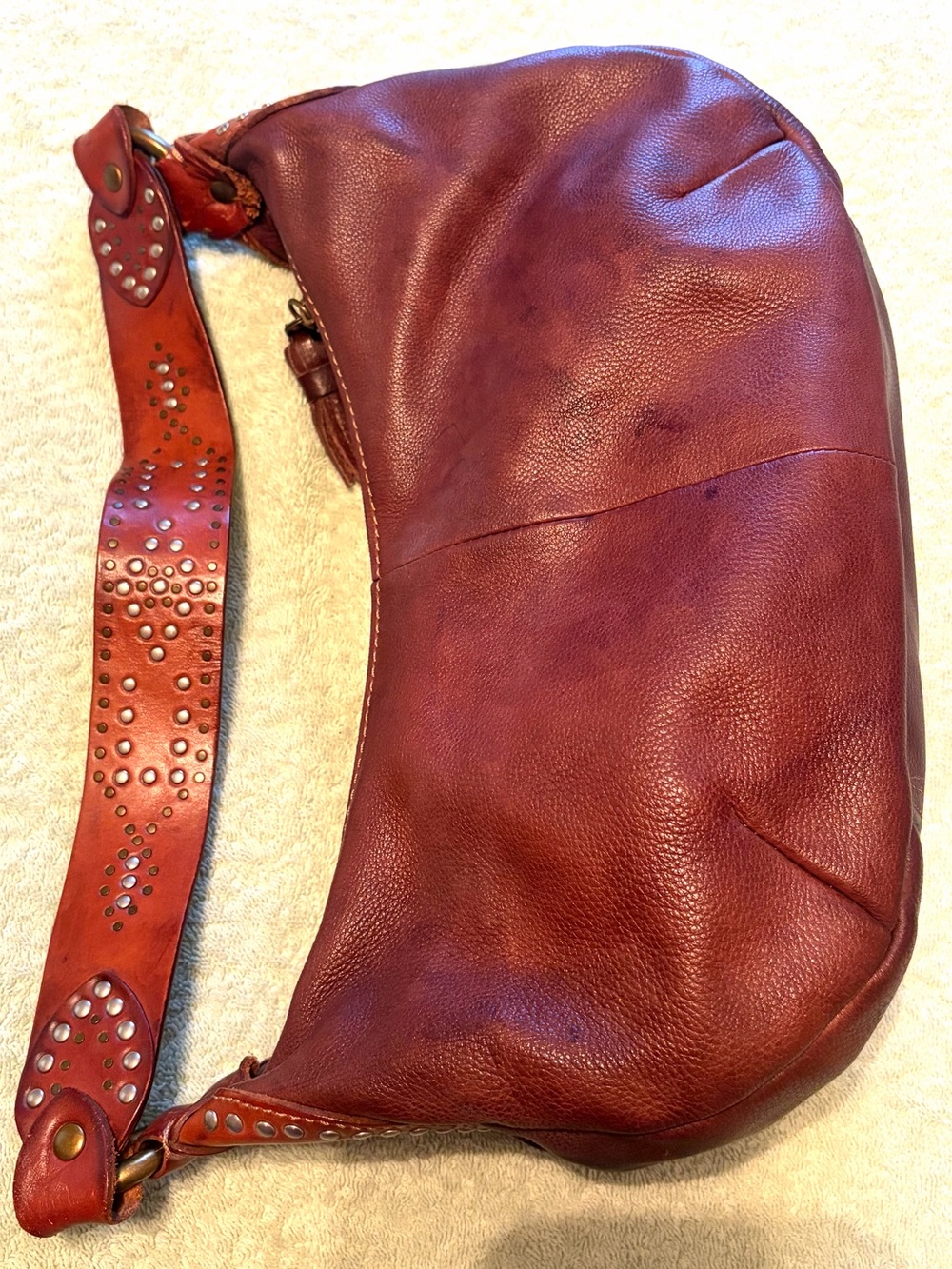 Fossil 75082 Genuine Leather Studded Hobo Shoulder Bag Burgundy Brown